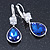 Navy Blue/ Clear CZ, Glass Teardrop Earrings With Leverback Closure In Silver Tone - 45mm L - view 3