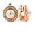Prom/ Bridal Crystal, Faux Pearl Octagonal Stud Clip On Earrings In Rose Gold Finish - 17mm L - view 3