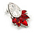 Clear/ Red CZ, Crystal Leaf Stud Earrings In Rhodium Plating - 26mm L - view 8