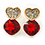 Clear/ Red Crystal Heart Stud Earrings In Gold Plating - 20mm L