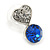 Small Clear/ Sapphire Crystal Heart Stud Earrings In Rhodium Plating - 18mm L - view 3