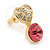 Small Clear/ Pink Crystal Heart Stud Earrings In Gold Plating - 18mm L - view 3