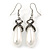 White Faux Teardop Pearl With Hematite Crystal Detailing Drop Earrings In Silver Tone - 45mm