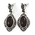 Black, Hematite Crystal Oval Marcasite Drop Earrings In Burnt Silver Tone - 45mm L