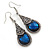 Marcasite Hematite Crystal, Blue Glass, Filigree Teardrop Earrings - 53mm L - view 7