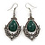 Victorian Style Green Glass, Hematite Crystal Drop Earrings In Silver Tone - 55mm L