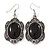 Victorian Style Black Resin Stone Oval Drop Earrings In Burnt Silver Tone - 50mm L