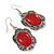 Victorian Style Red Resin Stone Oval Drop Earrings In Burnt Silver Tone - 50mm L - view 6
