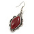 Victorian Style Dark Red Ceramic Stone Diamond Drop Earrings In Silver Tone - 50mm L - view 3