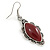 Victorian Style Dark Red Ceramic Stone Diamond Drop Earrings In Silver Tone - 50mm L - view 7