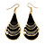 Black Enamel With Glitter Teardrop Earrings In Gold Tone - 65mm L