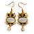 Antique Gold Tone Crystal Owl Drop Earrings - 50mm L