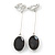 Black, Oval, Faceted, Glass Stone Metal Bar Drop Clip On Earrings In Silver Tone - 65mm L - view 5