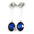 Light Blue Oval Faceted Glass Stone Metal Bar Drop Clip On Earrings In Silver Tone - 65mm L