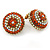 Boho Style Orange/ Cream/ White Beaded Dome Stud Earrings In Gold Tone - 22mm