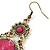 Victorian Style Magenta Acrylic Bead, Crystal Chandelier Earrings In Antique Gold Tone - 80mm L - view 5