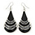Black Enamel With Glitter Teardrop Earrings In Silver Tone - 65mm L