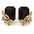 Black Square Glass with Rose Motif Stud Earrings In Gold Plating - 25mm L