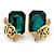 Green Square Glass with Rose Motif Stud Earrings In Gold Plating - 25mm L