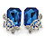 Blue Square Glass with Rose Motif Stud Earrings In Rhodium Plating - 25mm L
