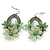 Olive Green Crystal Bead Floral Oval  Hoop Earrings (Silver Tone) - 55mm L - view 6