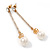Gold Tone Clear Crystal Bar with Faux Pearl Linear Drop Earrings - 70mm L