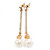 Gold Tone Clear Crystal Bar with Faux Pearl Linear Drop Earrings - 70mm L - view 3