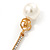 Gold Tone Clear Crystal Bar with Faux Pearl Linear Drop Earrings - 70mm L - view 5