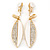 White Acrylic, Clear Crystal Leaf Clip On Earrings In Gold Plating - 45mm L