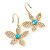 Clear/ Light Blue Crystal Flower Drop Earrings In Gold Plating - 43mm L