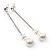 Silver Tone Clear Crystal Bar with Faux Pearl Linear Drop Earrings - 70mm L