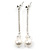 Silver Tone Clear Crystal Bar with Faux Pearl Linear Drop Earrings - 70mm L - view 3