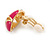 Oval Magenta Pink Enamel, Clear Crystal Clip On Earrings In Gold Plating - 20mm L - view 3