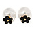 Gold Tone Front Back Earrings with Classic Faux Pearl 16mm and Black Acrylic Flower Features