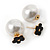 Gold Tone Front Back Earrings with Classic Faux Pearl 16mm and Black Acrylic Flower Features - view 3