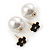 Gold Tone Front Back Earrings with Classic Faux Pearl 16mm and Black Acrylic Flower Features - view 4