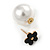 Gold Tone Front Back Earrings with Classic Faux Pearl 16mm and Black Acrylic Flower Features - view 5