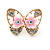 Gold Plated, Crystal with Pink Flowers Stud Butterfly Earrings - 20mm W - view 2