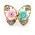 Gold Plated, Crystal with Pink/ Teal Flowers Stud Butterfly Earrings - 20mm W - view 4