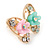 Gold Plated, Crystal with Pink/ Teal Flowers Stud Butterfly Earrings - 20mm W - view 2