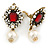 Vintage Inspired Clear/ Red Crystal, Pearl Clip On Earrings In Antique Gold Tone - 45mm L - view 5