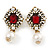 Vintage Inspired Clear/ Red Crystal, Pearl Drop Earrings In Antique Gold Tone - 45mm L