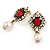 Vintage Inspired Clear/ Red Crystal, Pearl Drop Earrings In Antique Gold Tone - 45mm L - view 7