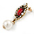 Vintage Inspired Clear/ Red Crystal, Pearl Drop Earrings In Antique Gold Tone - 45mm L - view 4