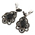 Marcasite Filigree with Black Glass Stone Clip On Earrings In Antique Silver Metal - 50mm L - view 4