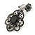 Marcasite Filigree with Black Glass Stone Clip On Earrings In Antique Silver Metal - 50mm L - view 2