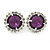 Deep Purple/ Clear Jewelled Round Clip On Earrings In Silver Tone - 20mm D