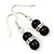 Small Black Ceramic Bead with Crystal Ring Drop Earrings In Silver Tone - 40mm L - view 3