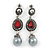 Marcasite Red/ Grey Crystal Pearl Drop Earrings In Antique Silver Tone - 45mm L