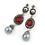 Marcasite Red/ Grey Crystal Pearl Drop Earrings In Antique Silver Tone - 45mm L - view 2